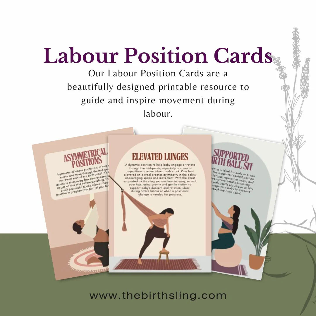 Labour Position Cards to use with The Birth Sling product with illustrations and text on a white background