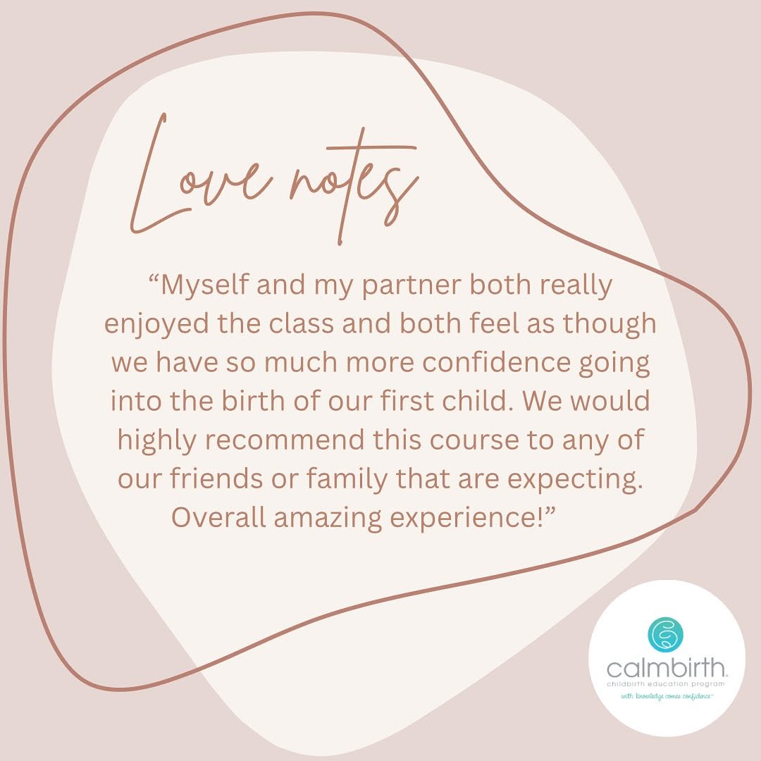 Review of a childbirth education course with Bloom Birth Collective on the sunshine coast with a quote and Calmbirth logo on a pink background