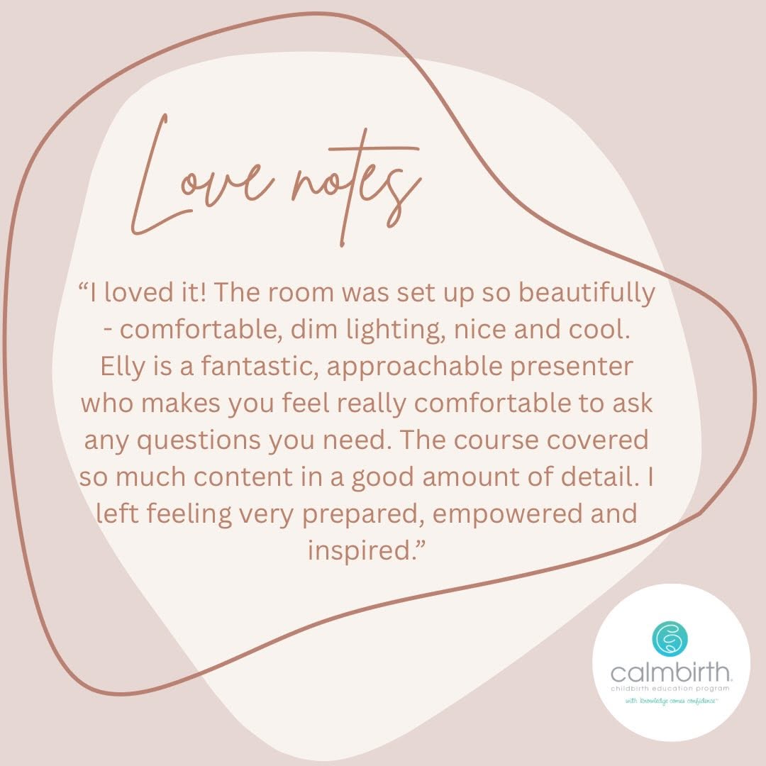 Review of a calmbirth course with Bloom Birth Collective on the Sunshine Coast and Calmbirth logo on a pink background