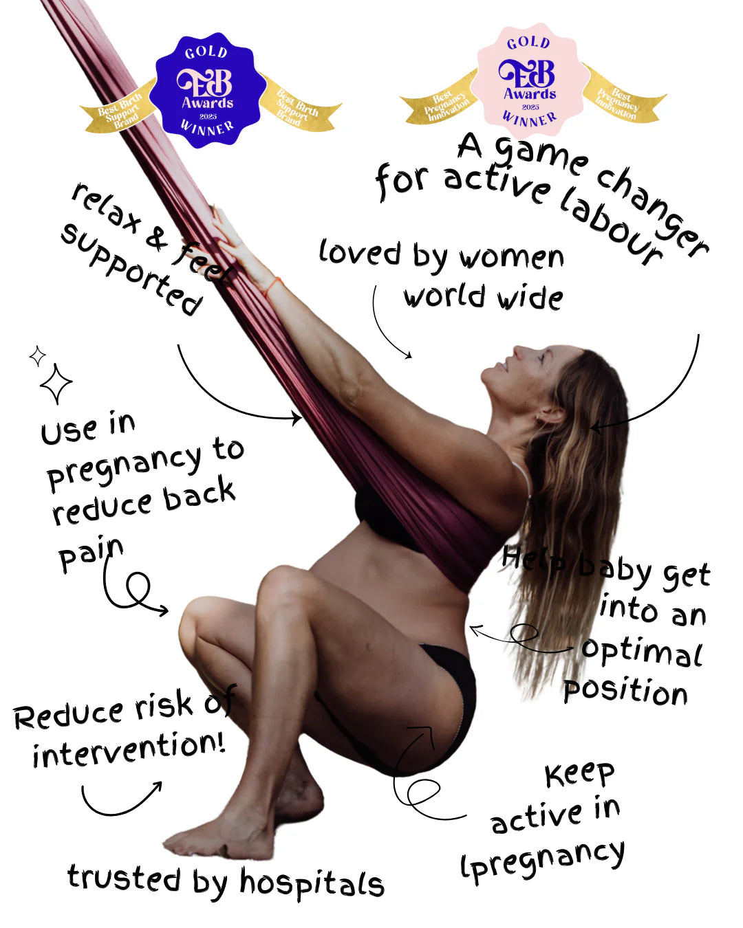 pregnant mum using the birth sling in a squatting position with descriptions of how to use the birth sling surrounding the picture